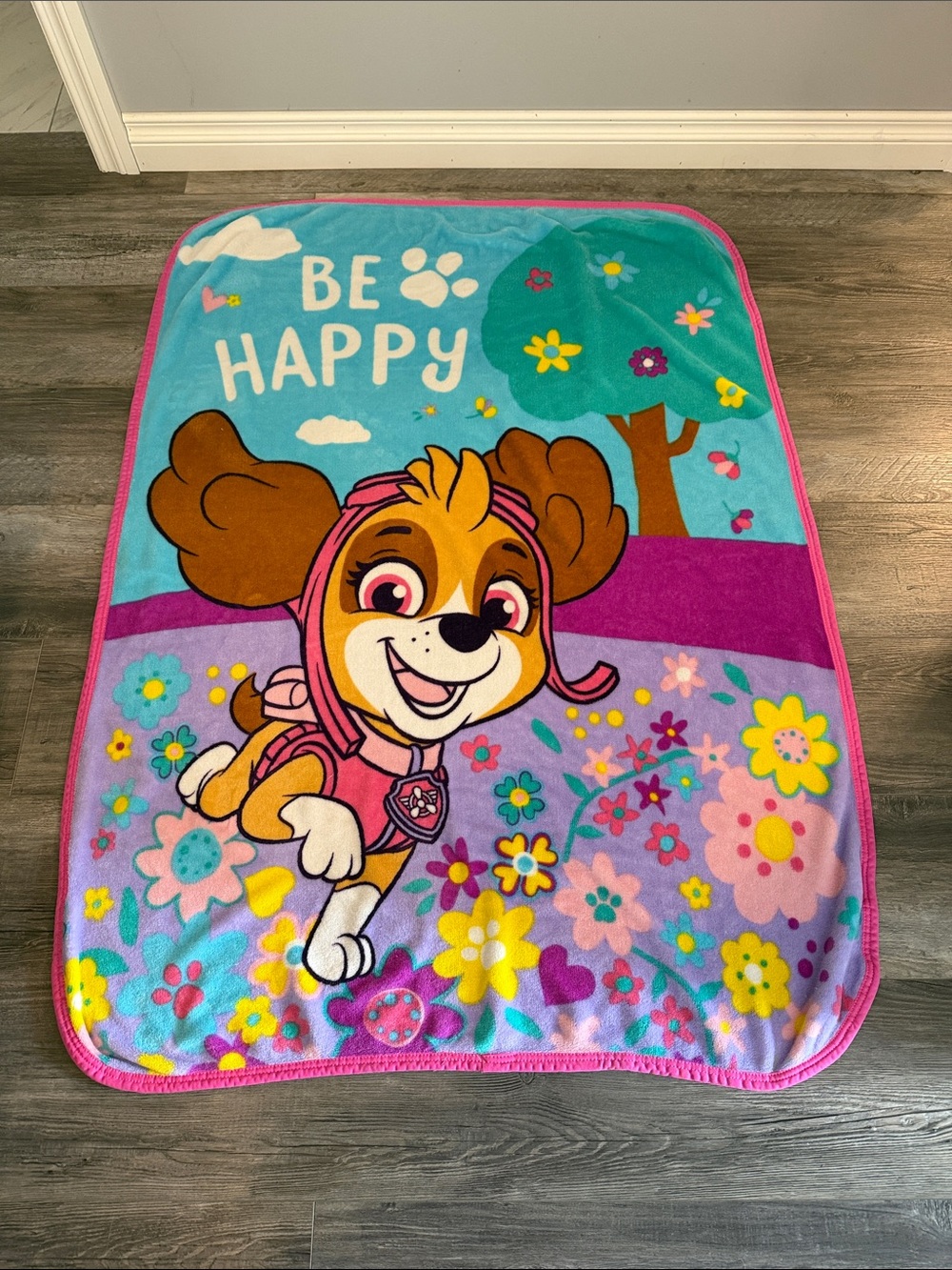 Paw Patrol Skye Kids Bright Pink and Turquoise Plush Blanket - "Be Happy"